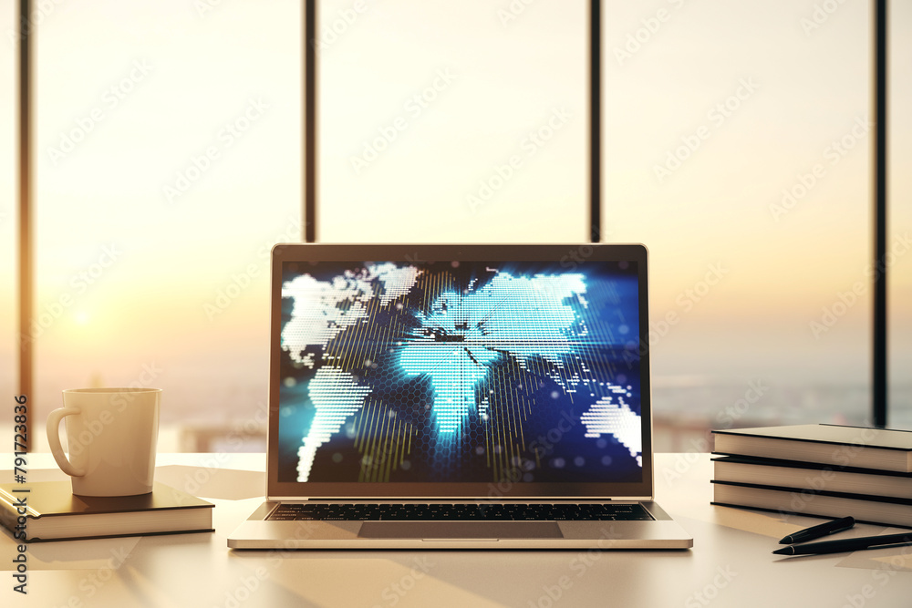 Poster abstract creative digital world map on modern laptop monitor, tourism and traveling concept. 3d rend