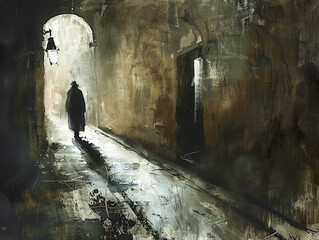 A man is walking down a dark alleyway