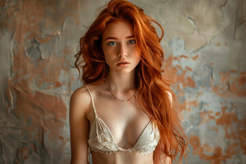 Naklejka premium Portrait of a sexy young girl with red hair. Health and sensuality