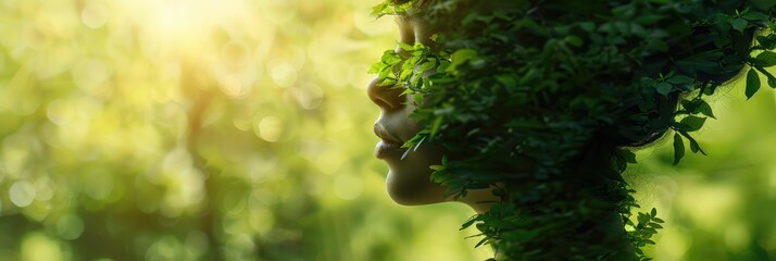 Earth Day banner featuring a woman's visage in a scene of verdant forests. Generative Ai.