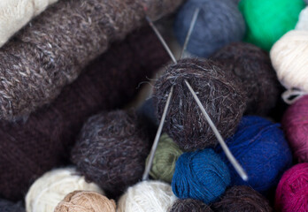 Knitting. Knitting needles and balls of wool.