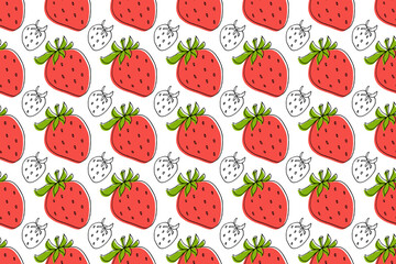 Seamless Strawberry pattern. Strawberry with green leaves. Hand drawn sketch doodle illustration. Design for sticker, logo, diet concept, market. Repeated background for wallpaper, textile, wrapping
