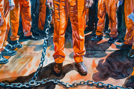 A painting of a man in orange prison clothes standing in front of a chain