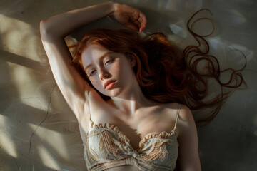 Portrait of a sexy young girl with red hair. Health and sensuality