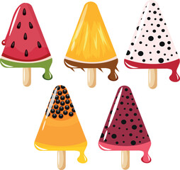 set fruit ice cream triangle shape with pineapple, pink pitaya, pitaya, watermelon, papaya design on a stick for packaging, textile or banner