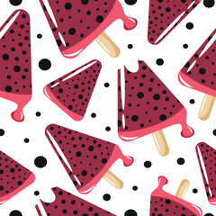 seamless pattern with triangle shaped fruit ice cream with pink pitaya on a stick design for packaging, textile or banner