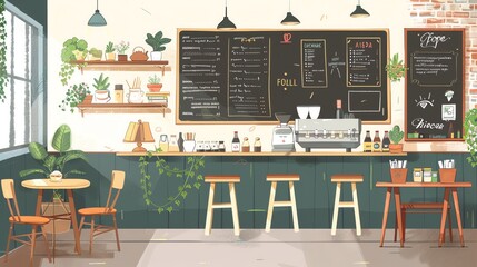 Cozy cafe atmosphere, menu with vegan milk alternatives, chalkboard style, inviting space - obrazy, fototapety, plakaty