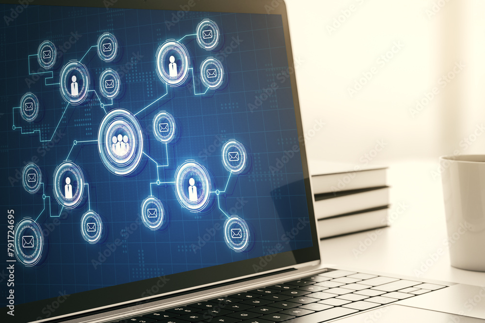 Poster social network concept on modern laptop screen. 3d rendering
