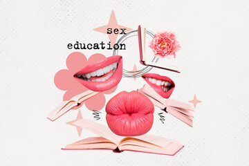 Composite photo collage of sexy pink lips smile bite kiss pleasure seduce book education rose...