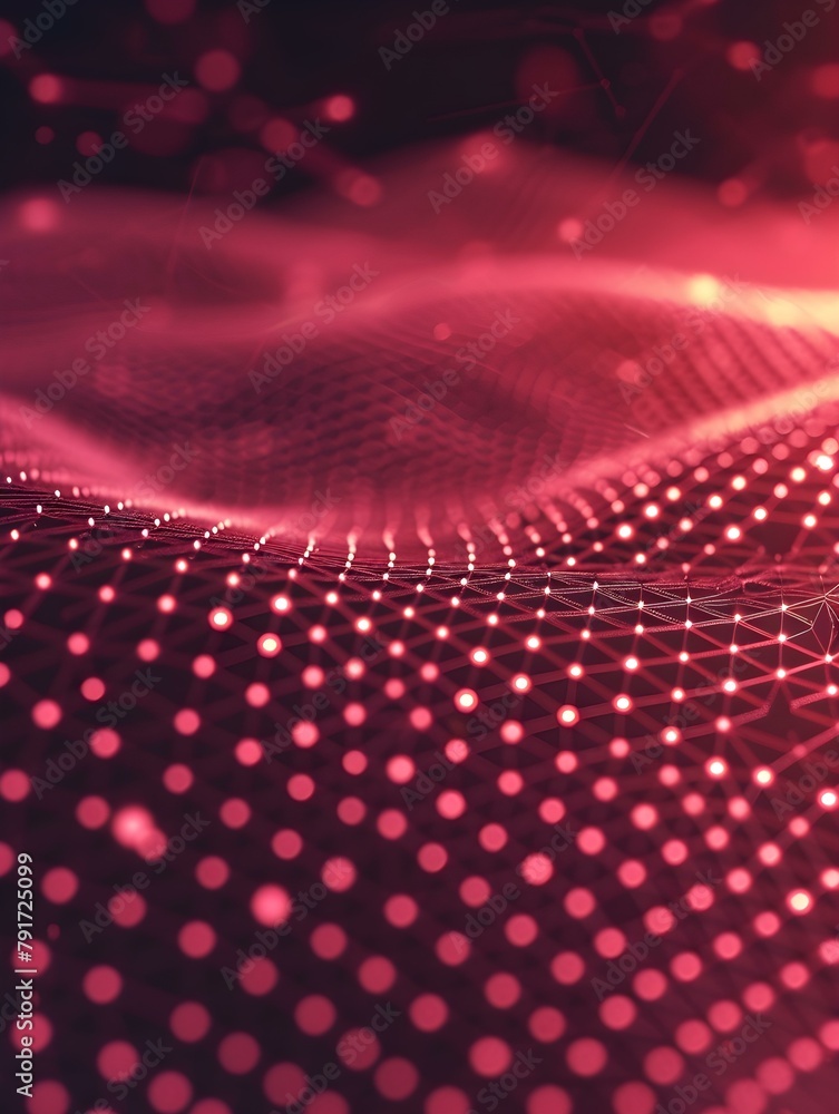 Poster blurred data science wallpaper in red colors. abstract network of dots and lines