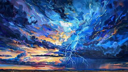 Dynamic canvas artwork depicting a powerful thunderstorm, with lightning bolts striking through the swirling colors of a tempestuous sky. - obrazy, fototapety, plakaty