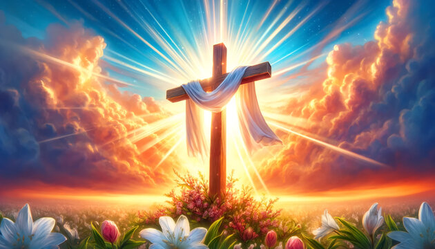 Flowing White Robe on wooden Cross with light from Heaven shining through The Clouds. The Resurrection And Ascension Of Jesus ChristA wooden cross. Easter. Copy spacA wooden cross. Easter. Copy space.