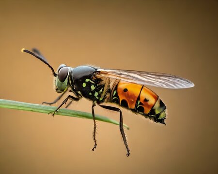 A detailed macro photograph of a hoverfly perched on a green stem against a smooth brown background, showcasing its intricate patterns.
