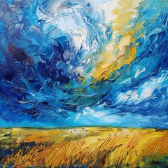 A bold, abstract painting capturing the energy of a swirling sky in shades of blue over a textured golden wheat field.