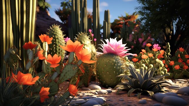Floral and Cactus Garden Pattern: 8K Photorealistic Image