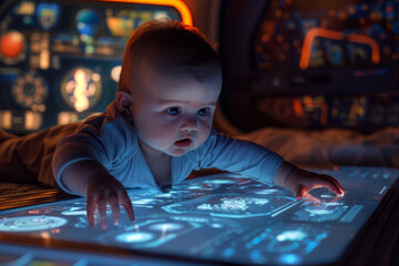 Lying baby trying to interact with a sci-fi panel. Concept of future opportunities and education. Generative AI