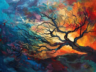Fototapeta na wymiar Vibrant abstract expressionist painting depicting a solitary tree with intricate branches against a dramatic sunset-colored backdrop.