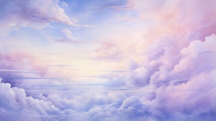 Fototapeta na wymiar Watercolor Sunset Sky Clouds Pattern Background. Amazing Sky Scene Pastel Colored Gently Soft Atmosphere. Mesmerizing Natural Background Template Painting Art.
