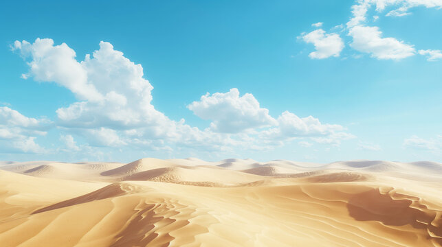 An expansive desert landscape with rolling sand dunes stretching to the horizon under a clear blue sky with fluffy white clouds.