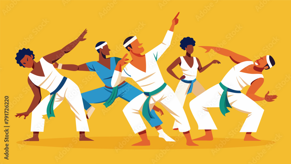 Poster a group of capoeira practitioners perform a dazzling display of ginga swaying movement as they move 