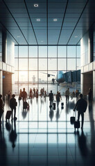 Busy airport terminal with travelers and a plane on the tarmac in the background. - 791726429