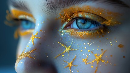 beautiful eyes make up, woman wearing  yellow stars with glitter glow eyeshadows, Generative Ai	