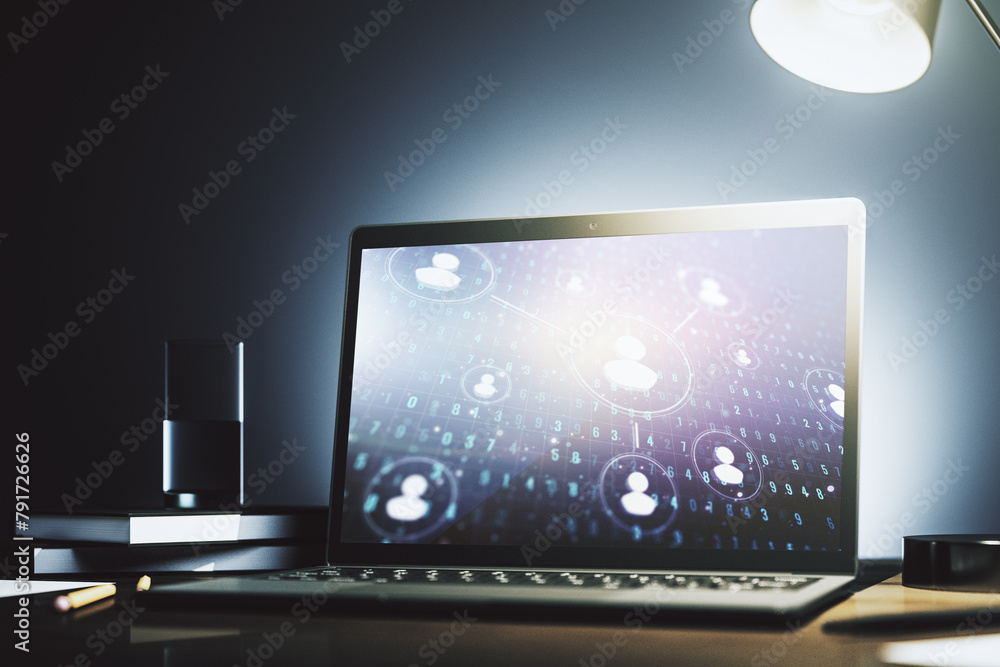 Poster Modern computer screen with social network media concept. 3D Rendering