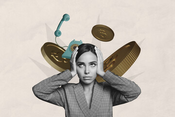 Creative picture collage young sad woman headache pain migraine trouble trader investor golden...
