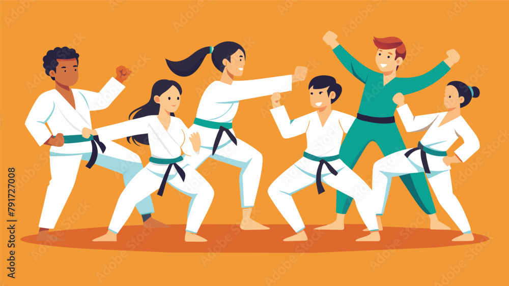 Poster as a lesson in teamwork a group of students practice a synchronized kata martial arts routine emphas