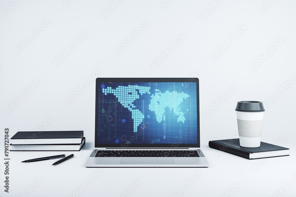 Leinwandbilder modern computer screen with abstract creative digital world map, research and analytics concept. 3d 