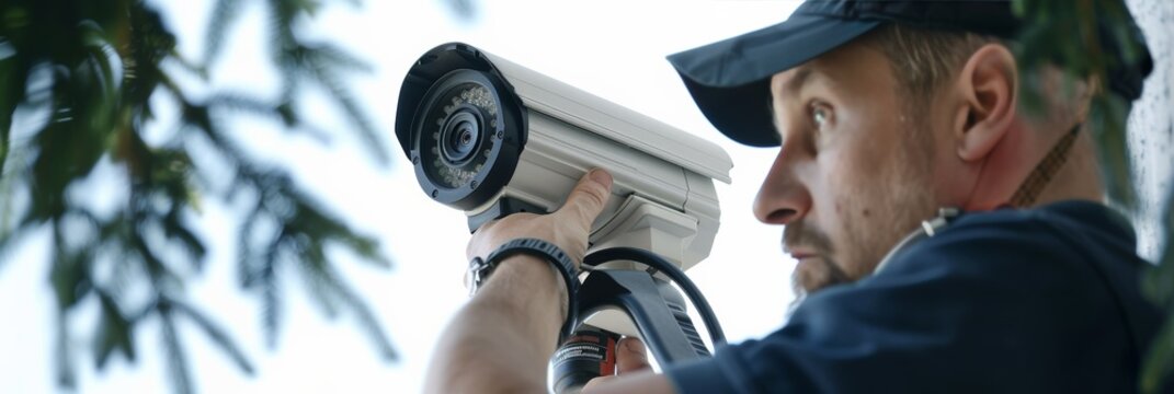 Professional electrician repairing CCTV camera for enhanced security