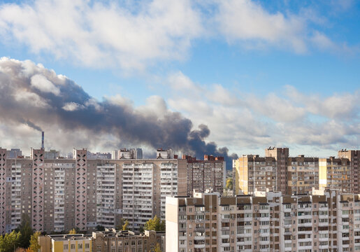 Smoke after russian missile strike.  War in Ukraine.