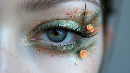beautiful eyes make up, woman wearing flower with coniferous branch with glitter glow eyeshadows, Generative Ai