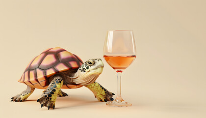 3D turtle want to drink a glass of wine