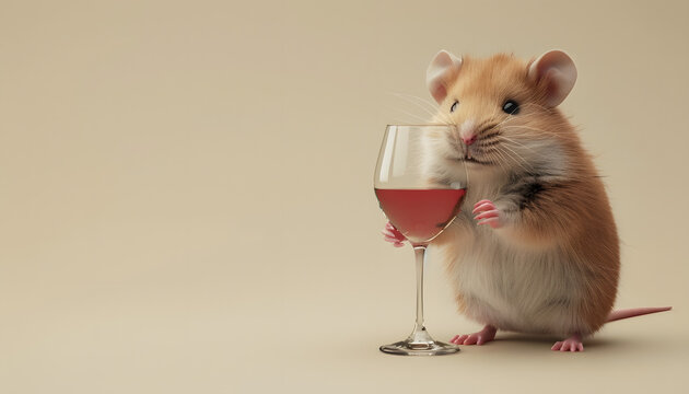 3D rendering hamster wants to steal and drink a glass of wine
