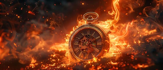 an antique pocket watch engulfed in flames, with the fire dynamically swirling around it and embers flying off into a dark