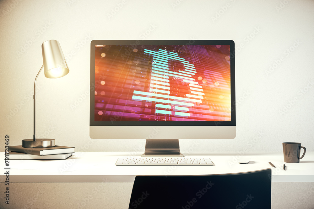 Poster creative bitcoin concept on modern laptop screen. 3d rendering