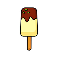 Simple color icon ice cream. Chocolate sundae. Popsicle on stick. Sweet summer refreshing dessert. Frozen treats. Logo for menus, cafes, shops, sales. Doodle, vector illustration 