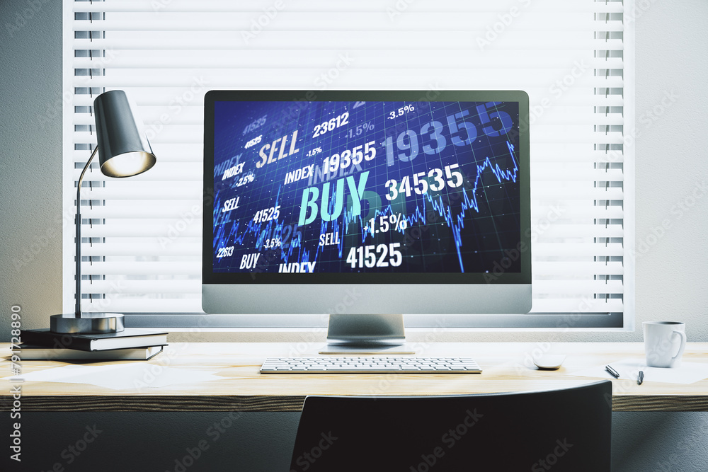 Poster Modern computer monitor with abstract creative financial chart, research and strategy concept. 3D Rendering