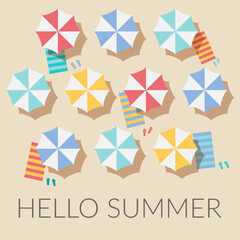 Hello summer, vector pattern. Vacation and travel concept. Beach umbrella, beach towel, sandals. - obrazy, fototapety, plakaty