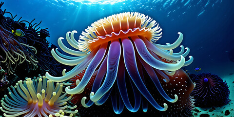 Fototapeta na wymiar A sea anemone catches prey by shocking them