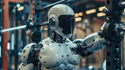 Fototapeta premium Robotic Athlete Engaged in Rigorous Gym Training Routine with Advanced Equipment and Machinery