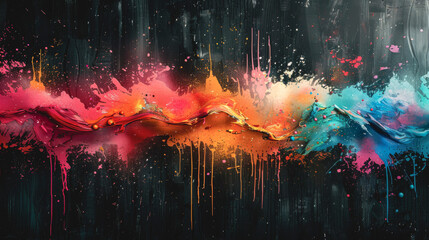 Abstract graffiti on a dark background with colorful drips of paint. - obrazy, fototapety, plakaty