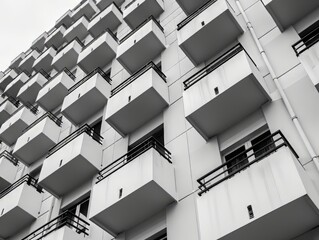 Black and White Photo of a Row of Balconies on a Building