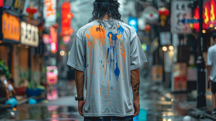 Man wearing a gray oversized T-shirt with blue and orange paint splotches.