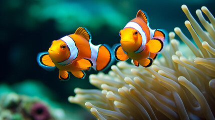 two orange and white fish swimming in anemone
