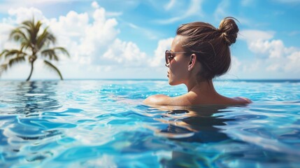young woman in the hotel pool enjoying her vacation, summer sea background, relaxation, weekend