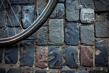A bicycle is parked on a textured cobblestone street, showcasing the character of the old bricks - Powered by Adobe