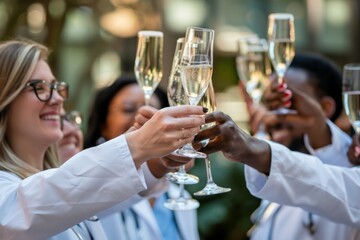 A diverse group of people holding up wine glasses in a celebratory toast - obrazy, fototapety, plakaty