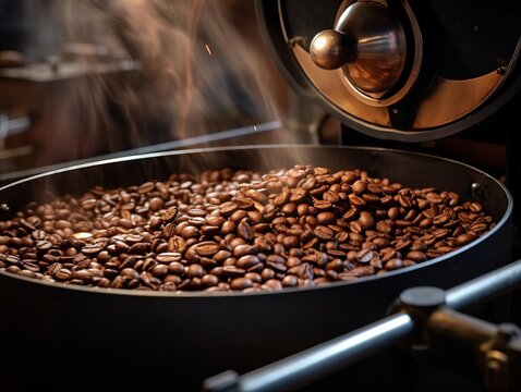 Coffee beans roasting in a large industrial roaster